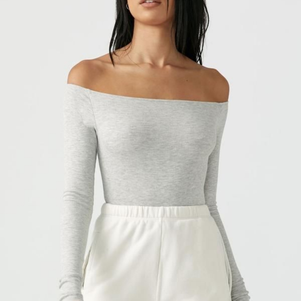 Joah Brown Bare Shoulder Long Sleeve, Pearl Grey Rib, Size XS/S